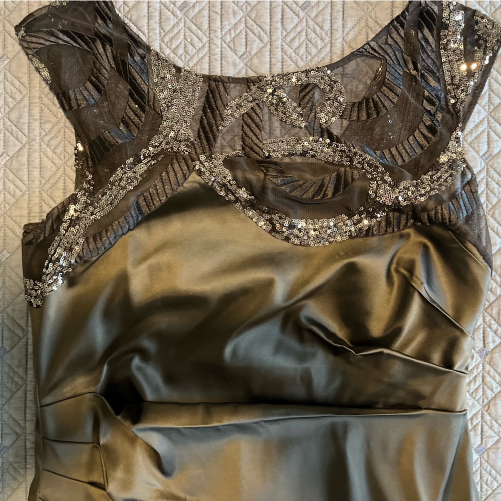 Kay Unger Black Satin Dress with Sequin Lace Yoke